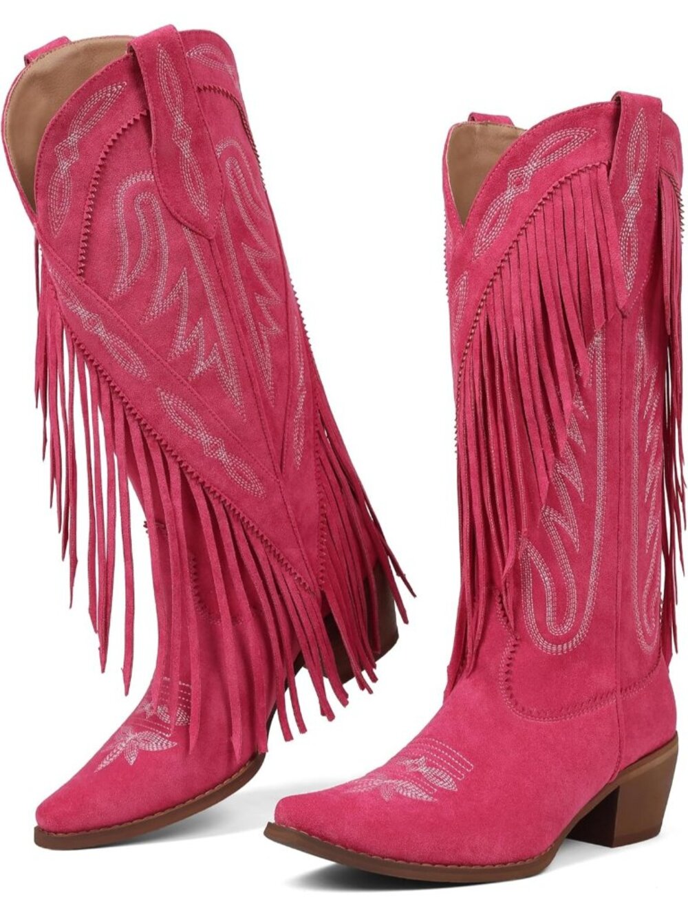 Women 02-Pink Leather Pull On Block Chunky Suede Fringe Cowboy Pointed Toe Boot